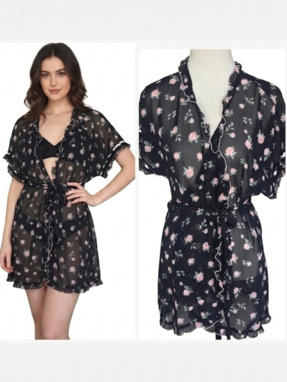 Floral Sheer Black Kimono Robe lightweight women's size large from In Bloom